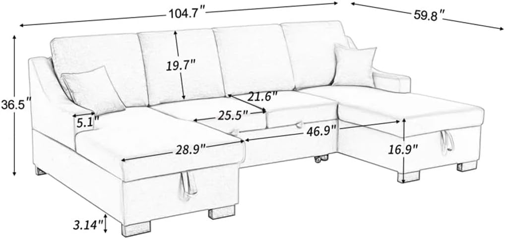 Upholstery Sleeper Sectional Sofa with Storage Spaces, 2 Roller Tossing Cushions,Suitable for Living Room