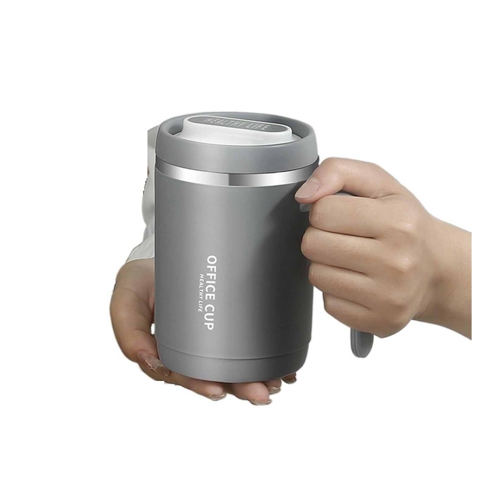 Kaffeebecher Kaffeetasse mit Griff und Deckel, isolierte Teetasse aus Edelstahl, 500 ml, wiederverwendbar, for Schule, Reisen, Büro Kaffeetasse (Color : Grijs)