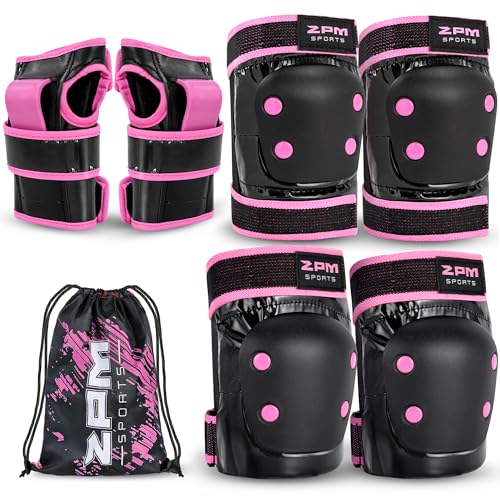 2PM SPORTS Knee Pads for Women, Wrist Guards Knee and Elbow Pads Set with Drawstring Bag, Protective Gear Set for Girls Kids Roller Skating Skateboard - Pink & Black Medium