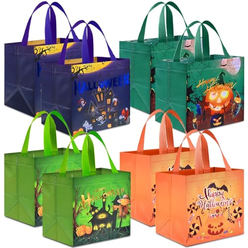 AhfuLife 8PCS Halloween Bags for Trick or Treat Halloween Sweets Candy Tote Bag with Handles for Gift Reusable Non-Woven Bags for Kids Home Party Decorations (20 x 20 x 15cm)