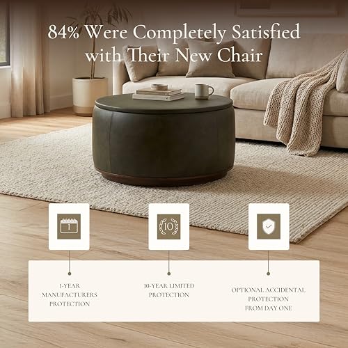 Image of Poly & BARK Herve Storage Ottoman in Olivine Green - Round Italian Full-Grain Leather Ottoman with Hidden Storage, Walnut Wood Base, Premium Accent Furniture, and Living Room Storage Solution