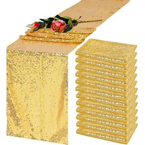 TCBESTO Gold Sequin Table Runner 12''x 108'' 12 Pack Sparkly Table Runner Glitter Table Cloth Runner for Party Reception Event Bridal Birthday Wedding Cover