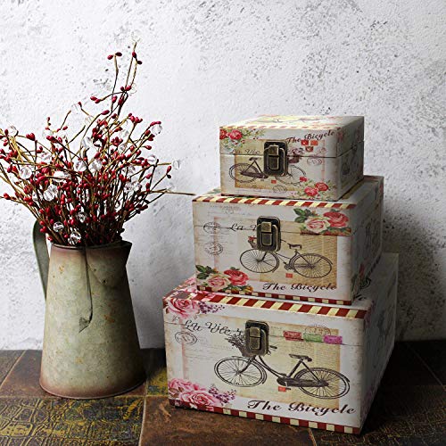 Jolitac Wooden Storage Box Set Of 3, Vintage Decorative Boxes With Lid Home Decor, Wood Storage Nesting Boxes ​With Latch, Rustic Antique Box Set For Keep Photos, Jewelry, Cash (Bike) #TOP4