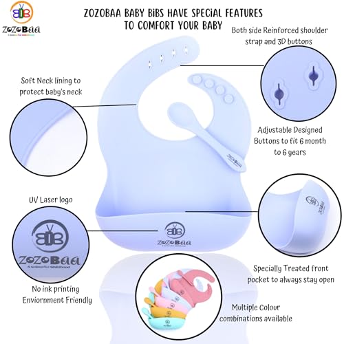 Image of Silicone Baby Bib with Spoon and Fork Set | Waterproof Adjustable Bib & First Stage Feeding Utensils for Infants & Toddlers | Soft Silicone Spoon for Baby 6 Months+, 1 Set, Purple