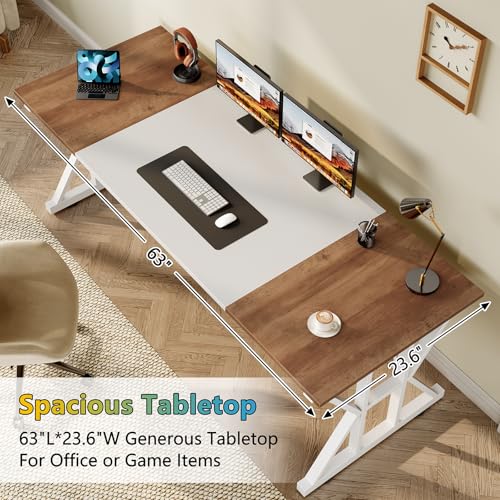 Image of 63 inch Large Computer Desk with Thickened Frame for Home Office, Living Room | Modern Simple Executive Desk, Larger Gaming Desk with X-Shaped ReInchforcement, Brown /White