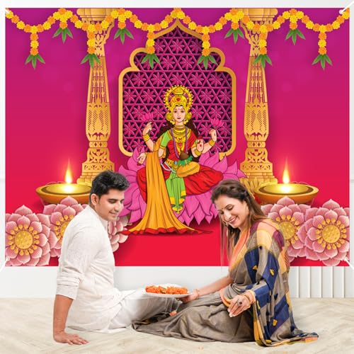 Image of Party Propz Lakshmi Devi Backdrop Cloth for Decoration Pooja, Backdrop for Pooja Decorations, Housewarming Decoration Items, Haldi Decorations Items for Home, Wedding Decor (Cloth Banner) (5 * 8ft)