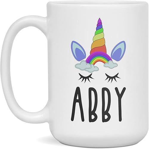 Abby Rainbow Unicorn Gift for Girls Cute Personalized Women's First Name Mug, 15-Ounce White