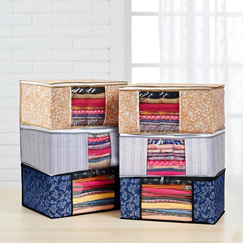Image of Multipurpose Non-Woven Storage Bags | Zippered Wardrobe Organizer for Clothes & Sarees | Pack of 6