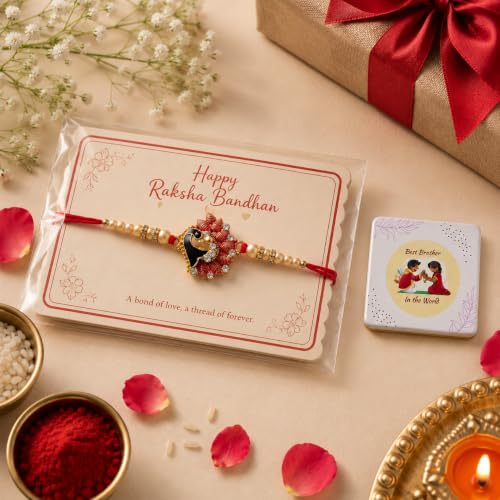 Image of Set for Brother Set of 2, Designer Peacock Rakhi for Brother Boy Men, Premium Kalash Raki for Bhaiya, Traditional Rakshabandhan Rakhis with Best Wishes Card and Tillak Set, Thread (g)