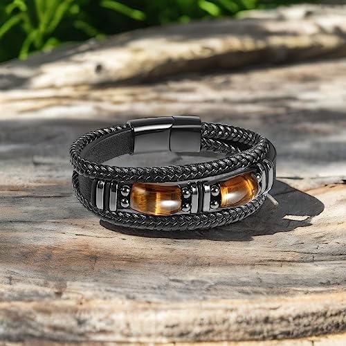 Tiger Eye Black Leather Bracelet Men Natural Tiger Eye Gemstone Crystal Stone Jewelry Handmade Courage And Stress Relief Protection Bracelet - Image 5
