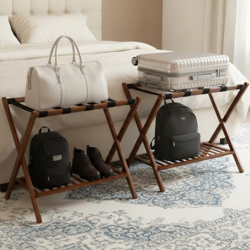 Image of Bamboo Luggage Rack with Shoe Shelf Folding Suitcase Stand with 5 Heavy-Duty Straps for Guest Room Living Room Hotel Ideal Luggage Holder for Suitcases Bags Shoes,Walnut Brown