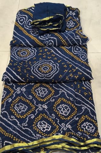 Image of Women's Jaipuri Viscose Georgette Saree, Zari Checks Pattern, Handmade Laddu Bandej Design, Contrast Blouse