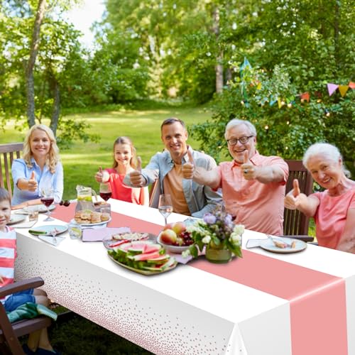 Image of 1Pcs White and Rose Gold Tablecloth Party Decorations,Plastic White Table Cloth Printed Rose Gold Table Runner Disposable Rectangle Cover for Birthday Anniversary Wedding Grad Party,54 x108 Inch