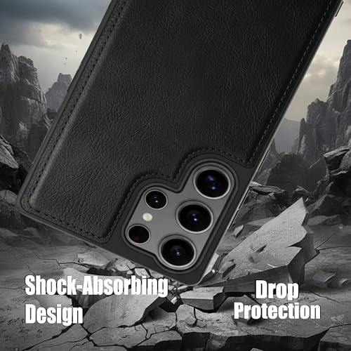 Image of Leather Case for Samsung Galaxy S24 Ultra Premium Protective Stylish Slim Cover with Shockproof Raised Edges Black