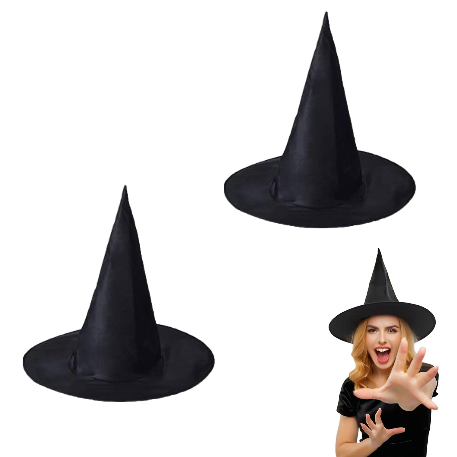 AYZDJ 2 Pack Adult Black Pointed Witch Hat, Soft Breathable Wide Brim Headwear