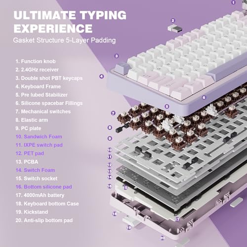 Image of YUNZII B75 PRO Wireless Mechanical Keyboard,75% Layout with Knob,Hot Swap Gasket Custom Structure,Creamy Pre-lubed Switches,RGB Backlit,Bluetooth /Type-C /2.4G for Win /Mac(Cocoa Cream V2 Switch,Purple)