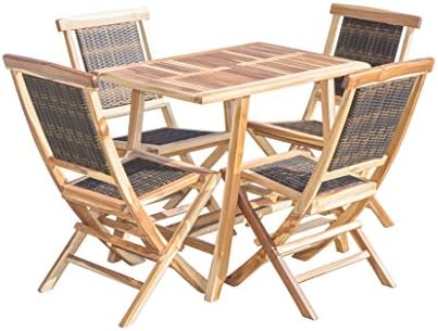 EcoDecors 36in Oasis Round Teak Dining Table and 4 Teak And Viro Rattan Folding Chair Set
