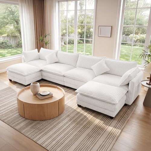 Image of Vesgantti 143 inch U Shaped Sectional Modular Couch, Comfy Corduroy Upholstered Modular Cloud Sofas for Living Room, Modern Sectional Sofa with 2 Ottoman Deep Seat, Warm White