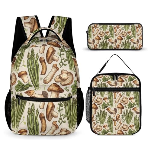 Asparagus And Mushroom Printed Backpack with Lunch Box Bag Pencil Case Pouch 3pcs Daypack Set for Women Men