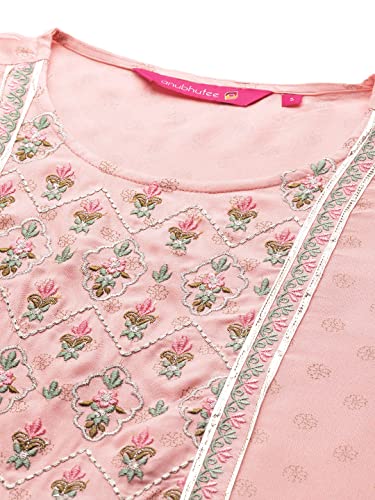 Image of anubhutee Women's Rayon Peach Gota Patti work Floral Embroidered A-Line Kurta Suit Set with Pants