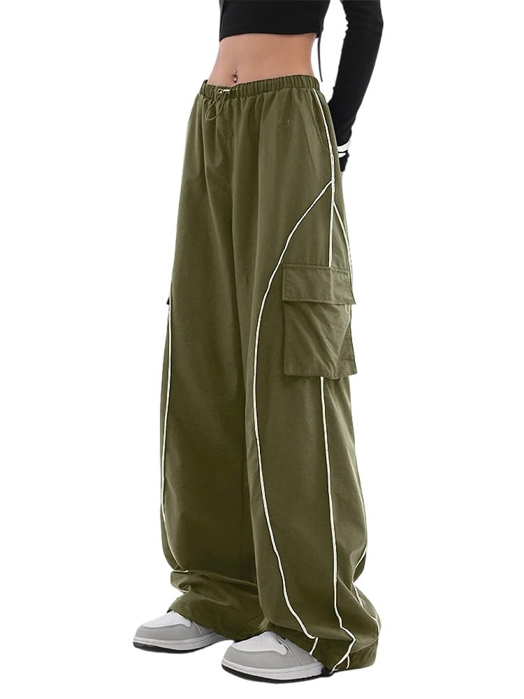 Y2K Parachute Track Pants for Women Low Rise Baggy Wide Leg Cargo Pants for Women