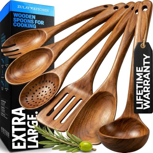 Image of Zulay Kitchen Extra-Large 6-Piece Wooden Spoon Set - Smooth Teak Cooking Utensils - Comfort-Grip Non-Stick Turner, Spatula, Skimmer, Fork, Serving Spoon
