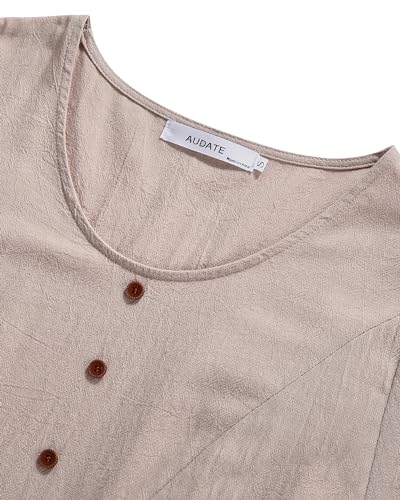 Image of Women's 65% Cotton, 35% Linen Crew Neck Midi Dress, Short Sleeve Dress with Pockets for Summer Daily Wear