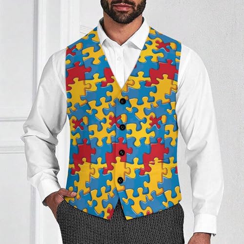 _Puzzle Piece Autism Awareness Men's Suit Vest Waistcoat Vests Formal Dress with 2 Pockets for Business Casual Tuxedo2