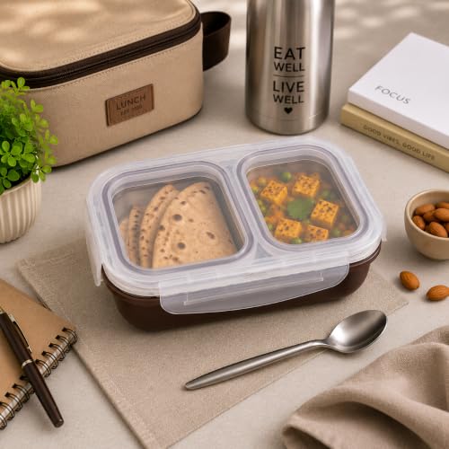 Image of Bento Lunch Box 550ml, Stainless Steel Lunch Box with 2 Compartments & Spoon, Microwave Safe BPA Free Tiffin Box, Leak Resistant Lunch Box for Kids & Adults, Office, School & Travel Brown