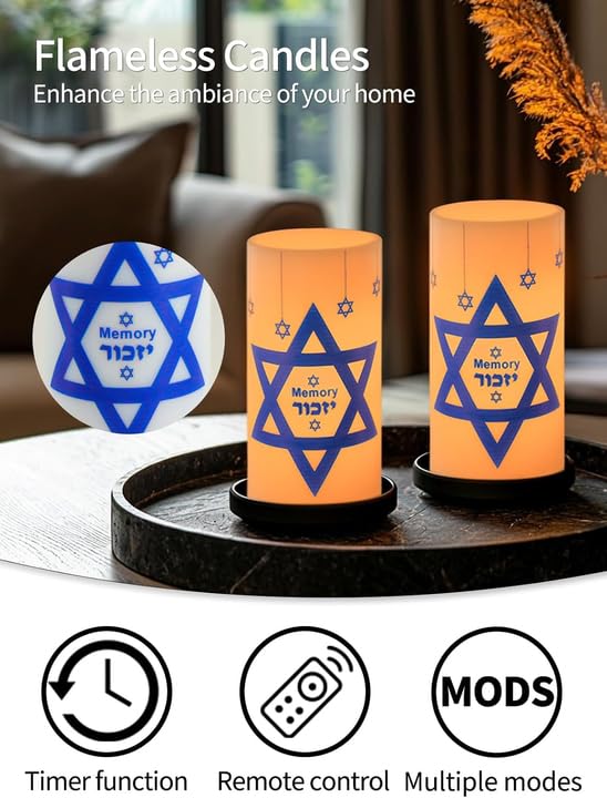 Image of Yahrzeit Memorial Candles with Timer Remote Control 2Pcs | Loss of Loved One Sympathy for Bereavement Gifts,,Shabbat Holiday,Hanukkah Decorations,4 /6 Hours Timer