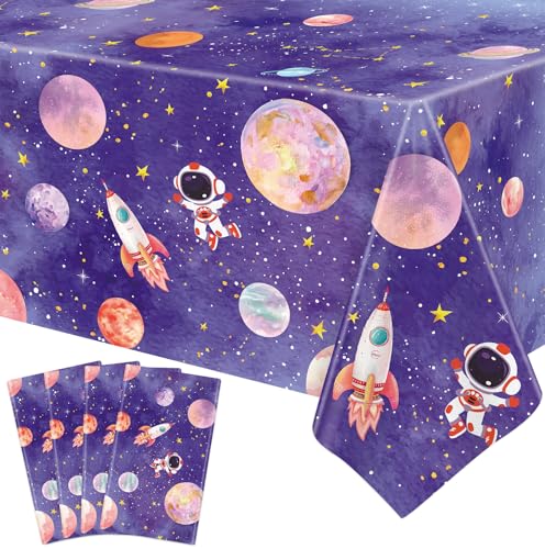 4 Pack Space Tablecloth Galaxy Table Cloth Rocket Astronaut Table Cover Space Planet Tablecover First Trip Around The Sun Decorations Space Themed Party Supplies Galaxy Party Decor 86 x 51 Inch