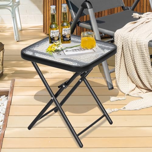 Sunnypark T0 20’’ Square Folding Side Patio Table Accent Coffee Tea Table Tempered Glass Top Metal End Table Indoor Outdoor thumb #1