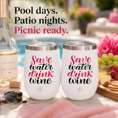 Image of Biddlebee Insulated Wine Tumblers with Lids, 2-Pack, Save Water Drink Wine | Stainless steel stemless glasses; hot or cold for hours; unbreakable outdoor and travel cups; funny gift for mom, bestie