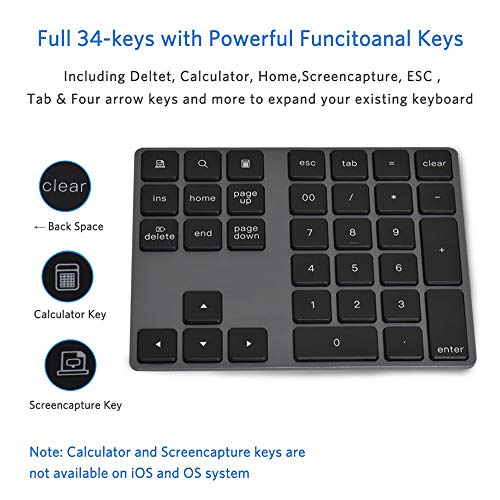 Bluetooth Number Pad, MEIKON Aluminum Wireless Numeric Keypad Slim 34-Keys External Numpad Keyboard Data Entry Compatible for MacBook, MacBook Air/Pro, iMac Windows Laptop Surface Pro etc - Thumbnail 2
