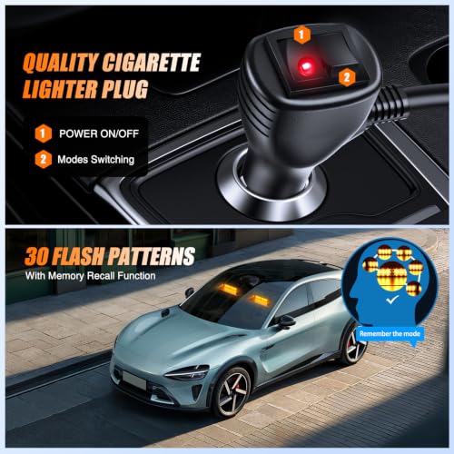 Image of Nilight 16LED Amber Dash Strobe Light Cigarette Lighter Plug | Dual-Switch 2-in-1 Deck Split Flashing Lights for Truck Construction Pickup Interior Front /Rear Windshield Mount 30 Modes