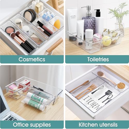 wowbox 25 pcs clear plastic drawer organizer set 4 sizes desk drawer divider organizers and storage bins for makeup jewelry gadgets for kitchen bedroom bathroom office