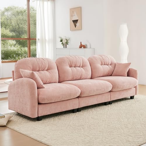 Image of KEIKI 107 inch Oversized Chenille Modular Sectional Sofa with High-Density Foam Cushion and Tufted Pleated Cushion Backrest, Upholstered Modern 3-Seater Cloud Couch with 2 Pillow, for Living Room, Pink