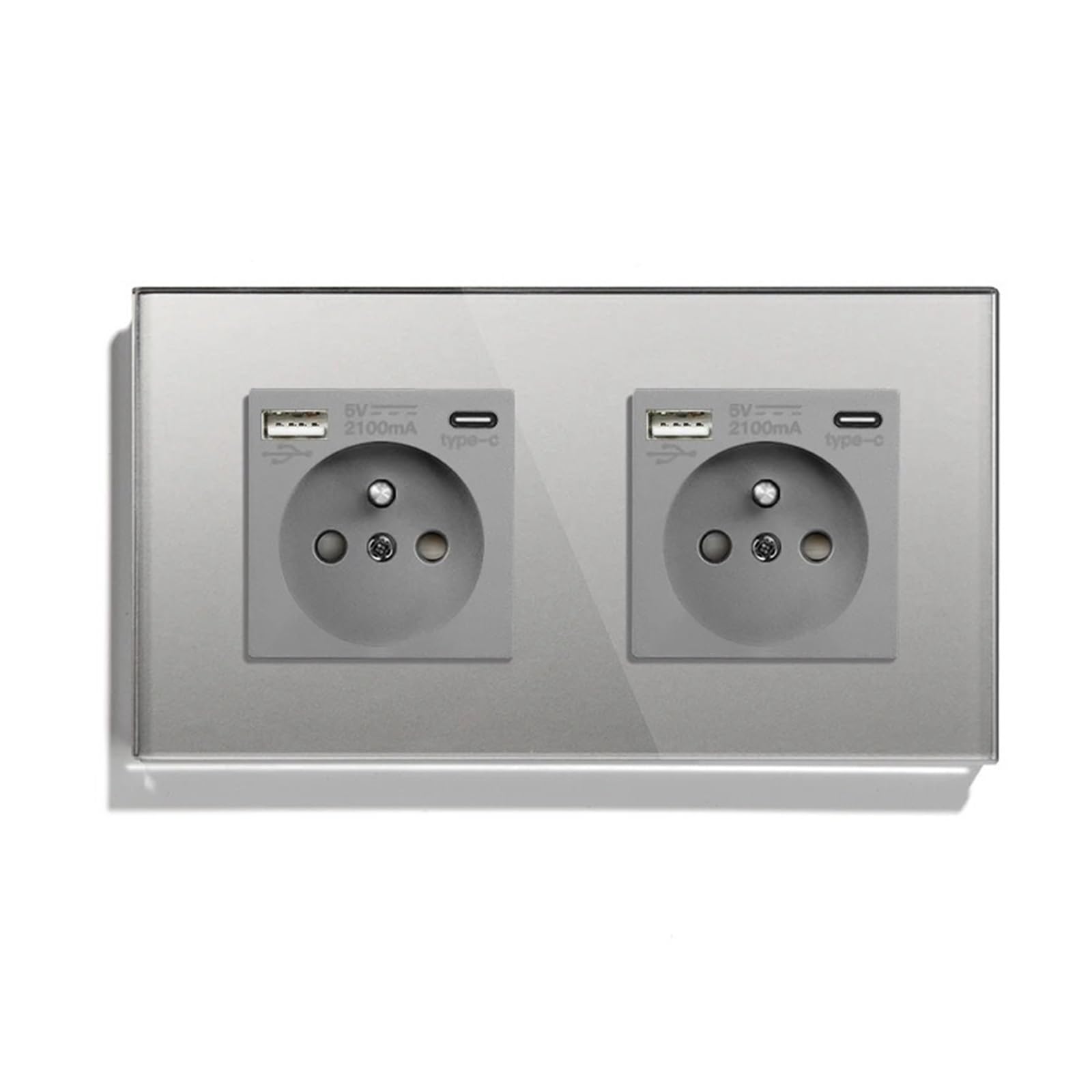 Prises de courant murales simples, Standard français, Double prise de Port USB type-c, panneau en verre cristal, Protection des enfants 16A(Double Socket Gray)