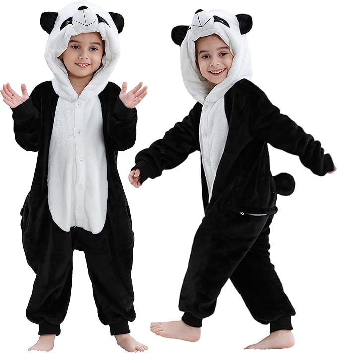 MICHLEY Animal Hooded Romper Kids Flannel Halloween Cosplay Pajamas Costume 3-12T for Autumn Winter, Panda, 3-4T, Size100