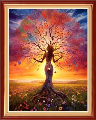 Image of Dimensean Stamped Cross Stitch Kits Full Range of Embroidery Patterns Starter Kits for Beginners Adult DIY Cross Stitches Needlepoint Kits 11CT-Girl Magic Tree 16x20 inch
