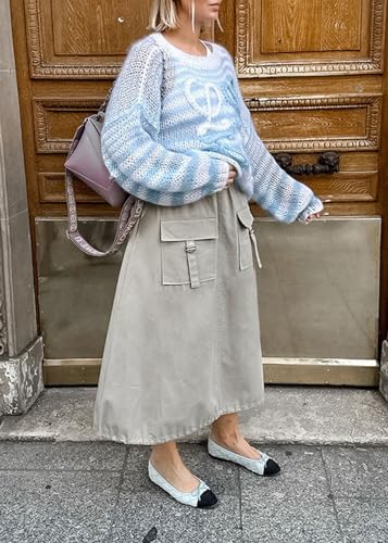 CHARTOU Women Fall Cotton Parachute Skirt Elastic Waisted Cargo Loose Long Skirts with Pockets4