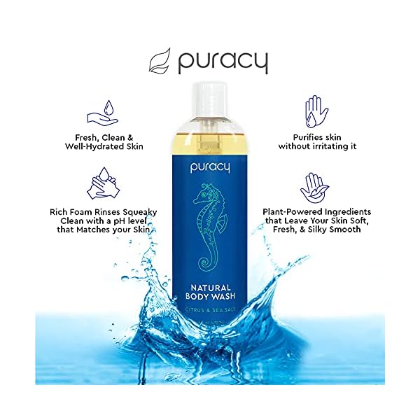 Puracy Body Wash, Natural Body Wash, 98.6% Pure Plant Ingredients, Moisturizing Shower Gel for Women Men Kids, Body Soap for Dry Sensitive Skin. Gently Scented with Citrus & Sea Salt, 16 Oz (2-Pack)