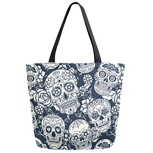 ZzWwR Chic Extra Large Shoulder Grocery Tote Bag, Day of The Dead Sugar Skull Flowers Canvas Reusable Handle Bags for Men Women Gym Weekender Picnic Beach Travel Home Storage Market Shopping