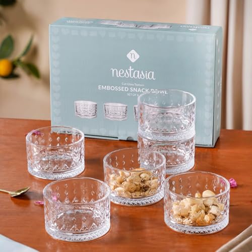 Image of Nestasia Glass Dessert Bowls Set of 6 (220ml Each) - Diamond Embossed Transparent Katori for Ice Cream | Microwave Safe Snack Bowls with Gift Box - Perfect for Gifting