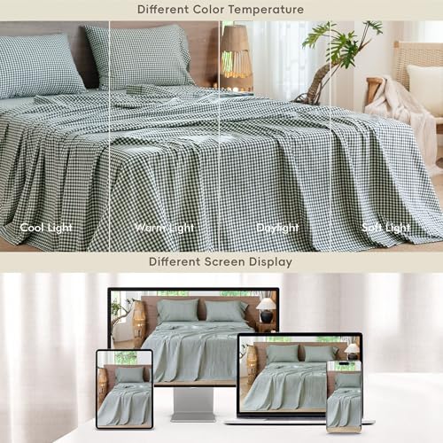 Image of MooMee Gingham Sheet Set 100% Washed Cotton Linen Like Textured Breathable Soft w /Fully Elasticized 16-19 inch Deep Pocket (Mini Gingham Forest Green, Queen)