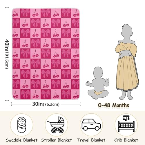 Image of Checkered Pink Cherries and Bows Baby Swaddle Blanket for Boys and Girls, Muslin Baby Receiving Swaddle Blanket, Soft Cotton Nursery Swaddling Blankets for Newborn Toddler Infant