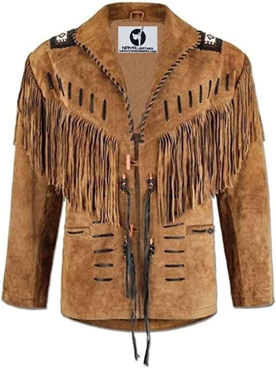 100% Real Suede Western Style Leather Jacket for Sale Native American Coat Fringe (L, Design 3)