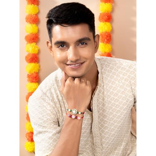 Image of Peora Rakhshabandhan Thread Rakhi for Brother Bhaiya | Kundan Beads & Crystal Studded | Combo Set of 2 | Rakhi Hamper Roli Chawal & Greeting Card