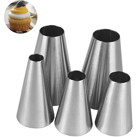 Hendiy 5 psc/set Large Round Piping Tip, Stainless Steel Professional Baking Decoration Tools for Cake Cookies Decorating,Pastry Fondant