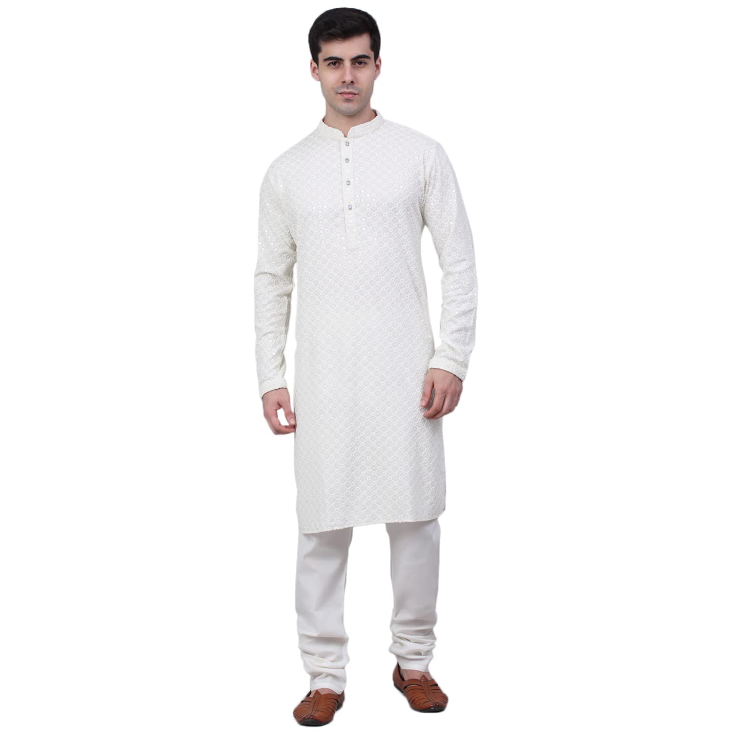 Jompers Men Chikankari Embroidered And Sequence Kurta With Churidar (White, L)